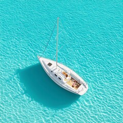 Fototapeta premium White Sailboat Floating on Clear Turquoise Water Under Bright Sunlight