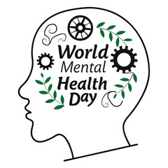 World Mental Health Day Illustration With Head Outline Gears And Foliage