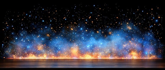 A scene with scattered blue and orange sparkles above a blue, smoky fog above a reflective dark surface