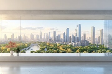 Fototapeta premium Airy room looks out over lush greenery, the river and skyscrapers in the distant city