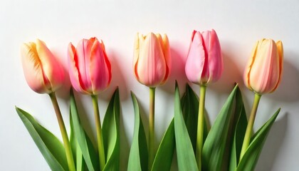 Fototapeta premium Cheerful spring tulips arranged in a line, creating a vivid border on white.