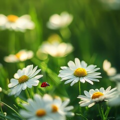 Fototapeta premium Beautiful close-up of a vibrant ladybug perched on a green leaf amidst a field of blooming daisies under warm sunlight, representing the beauty of nature and springtime.