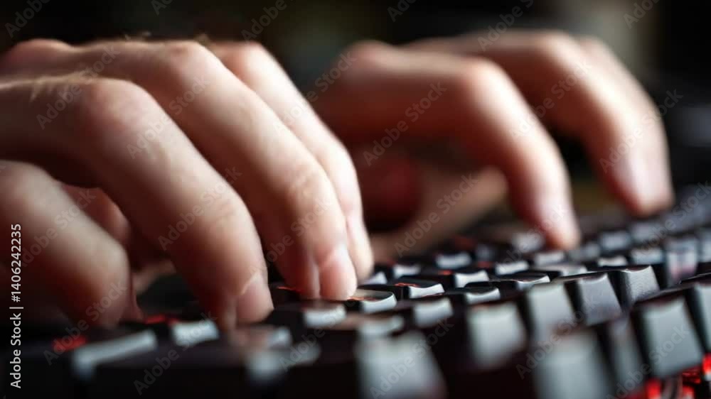 Poster close up hands typing rapidly on keyboard during coding session generative ai