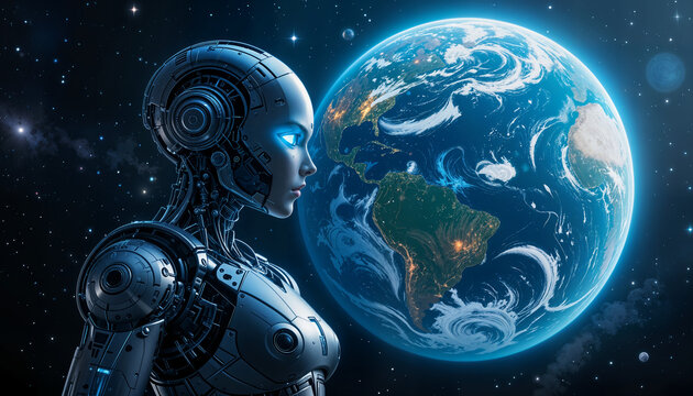 AI Companion Contemplating Earth in the Cosmos