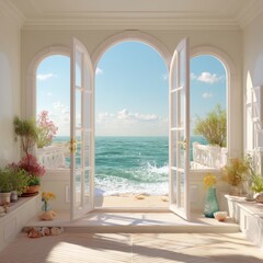 Serene Ocean View Through Open Windows with Floral Decorations