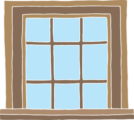 Fototapeta premium square french window in a frame with a window sill in a wooden frame, hand drawn with curved black outlines