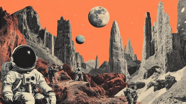 Astronauts explore a desolate planet with towering rock formations