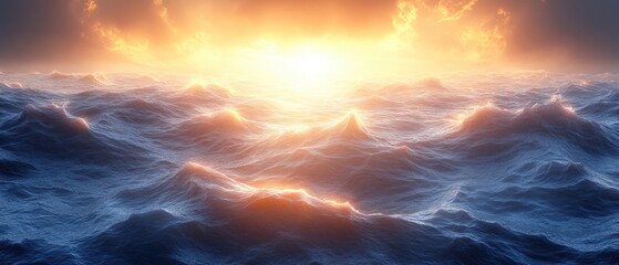 Obraz premium Ocean waves under warm light. Water surface with sea waves and a bright sunset in the background
