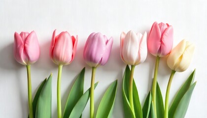 Fototapeta premium Row of blooming spring tulips, forming a vivid and cheerful border on white.