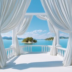 Fototapeta premium Serene Coastal View from a Classic Architectural Balcony with Curtains