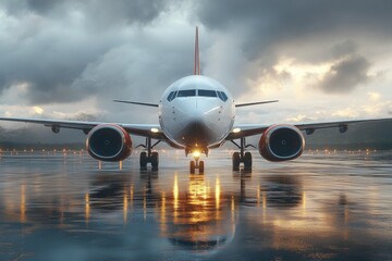Naklejka premium Aircraft faces forward on rain-soaked tarmac, lights reflecting off the surface under a cloudy sky