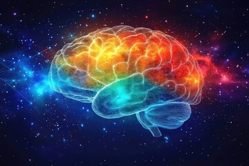 Glowing brain in cosmos, colorful depiction, vibrant energy and stars