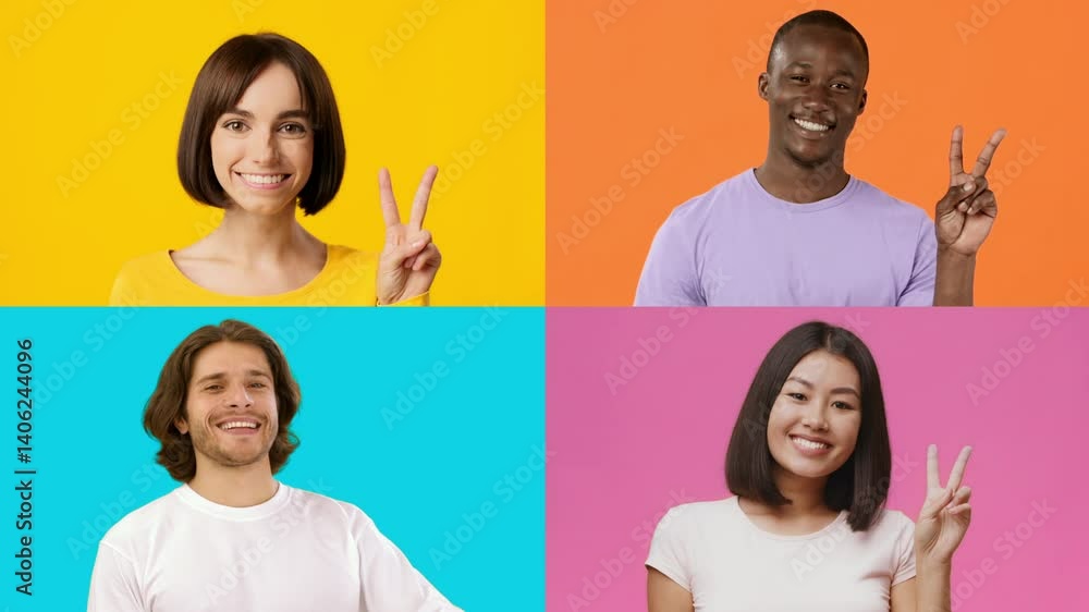 Poster A collection of cheerful individuals from different backgrounds showing V gestures, symbolizing victory and happiness against vibrant colored backdrops.