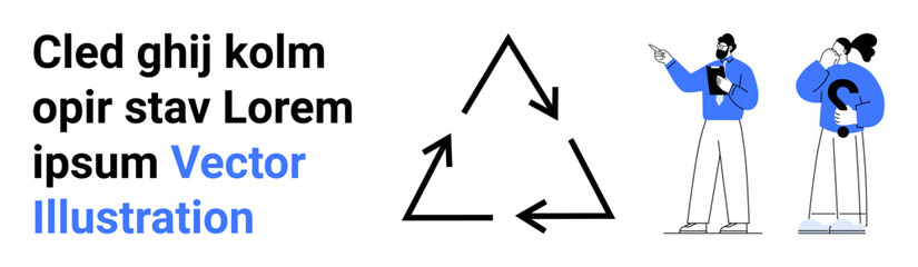 Recycling arrows triangle with two characters discussing sustainability and circular systems. Ideal for environment, education, teamwork, presentations, sustainability, awareness, simple landing page