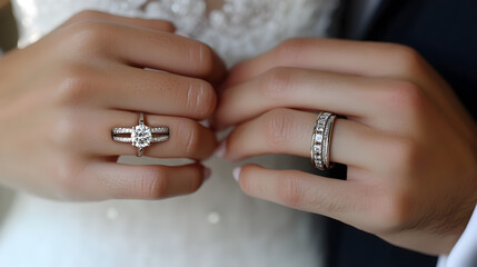 Closeup of Intertwined Hands with Diamond Wedding Rings