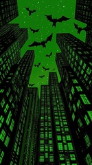 Looking up at tall buildings with bats flying in green sky with star light