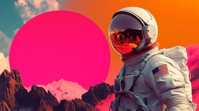 An astronaut stands before a surreal landscape and pink sun