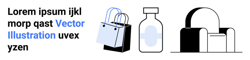 Obraz premium Shopping bags, product bottle, and armchair emphasizing consumer habits, product marketing, and home essentials. Ideal for retail, lifestyle, furniture, packaging ecommerce branding flat landing