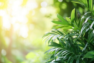 Lush green palm leaves against soft sunlight bokeh natural fresh background