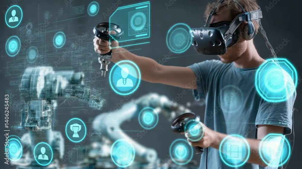 Poster virtual reality engineer controls robotic arm with precision tools generative ai