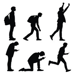 Silhouette Of A Man In Various Poses Expressing Diverse Emotions Using Smartphone