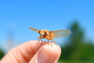 Macro image of winged insect resting on human finger clear blue sky detailed view