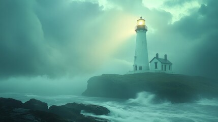 Lighthouse with Stormy Ocean and Dramatic Sky