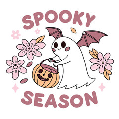 Cute Halloween Ghost With Pumpkin Bucket And Pink Floral Elements Illustration