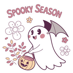 Cute Spooky Season Cartoon Ghost With Pumpkin Bucket And Floral Elements