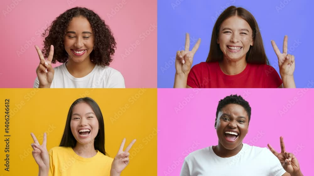 Poster a joyful collection of individuals from various backgrounds making v gestures with their hands. they