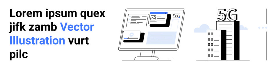 Computer screen with web elements alongside a 5G tower and cloud, emphasizing connectivity. Ideal for technology, innovation, workflow, telecom, cloud computing, digital progress, simple landing page