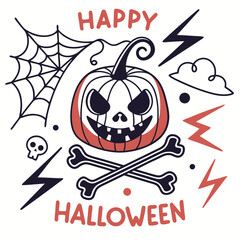 Hand Drawn Happy Halloween Illustration With Pumpkin,Skull,Lightning,And Bones