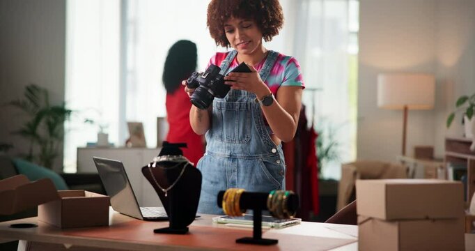 Shipping, photography and small business with woman and camera for jewelry, designer or ugc marketing. Ecommerce, online boutique and post with person in office for entrepreneur and creative startup