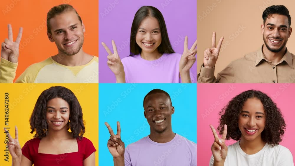 Aufkleber a joyful and diverse group of people is expressing happiness and success with v gestures against vib