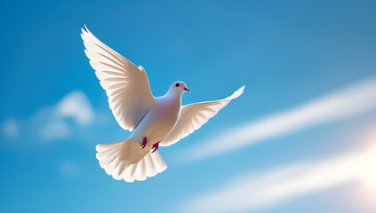 white dove flying alone in the blue sky
