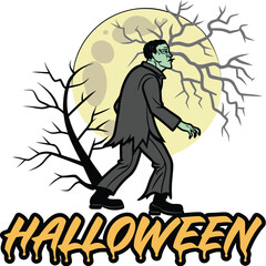 Halloween Graphic Of A Cartoon Zombie With Moon Background And Trees