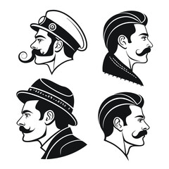 Collection Of Elegant Gentlemen Profiles With Moustaches And Stylish Hats In Black And White