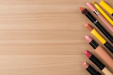 Makeup products lipsticks brush on wooden background beauty still life