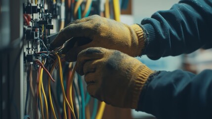 Electrician working on electrical wiring in a home office. Featuring electrical repair