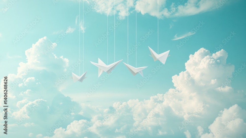 Poster soft sky with hanging paper planes and gentle clouds creates a whimsical, childlike atmosphere in a 