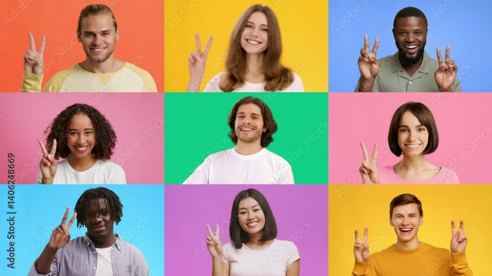 Poster nine diverse individuals are joyfully posing against colorful backgrounds, each showing a peace sign