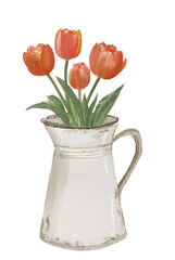 watercolor illustration of a bouquet of tulips in a vintage metal vase isolated on white