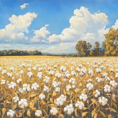 Expansive Cotton Field Under Bright Blue Sky with Fluffy White Clouds and Green Trees in the Distance, Capturing Natural Beauty and Agricultural Serenity in Rural Landscape