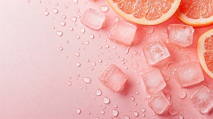 Fototapeta premium Half-sliced grapefruit with ice cubes and water drops on pastel pink background