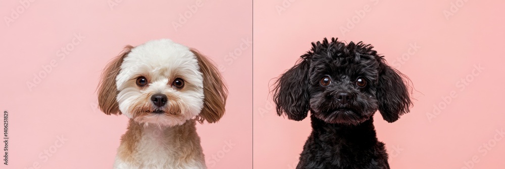 Poster before and after grooming transformation of a playful dog showcasing clean and messy fur in a split-