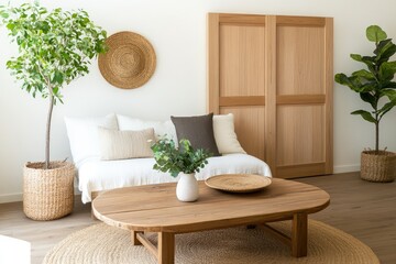 Minimalist living room with wooden accents and natural textures interior design