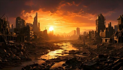 Naklejka premium sunset, city, apocalypse, ruins, destroyed, landscape, sky, digital, illustration, dystopian, orange, dark, clouds, horizon, skyline, broken, debris, dramatic, futuristic, abandoned, disaster, war, fi