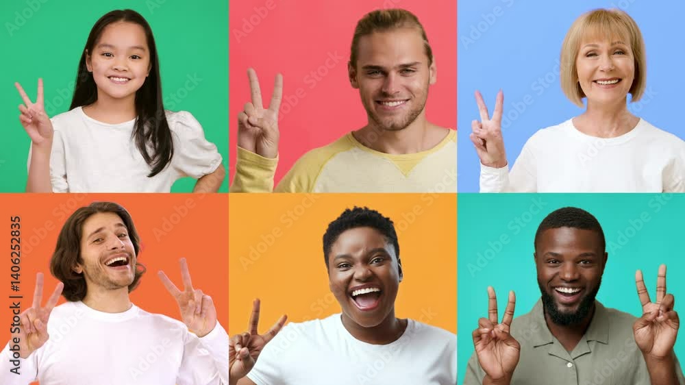 Poster A joyful group of diverse individuals display victory signs, expressing happiness and positivity. Their cheerful faces and gestures create an atmosphere of celebration and success.