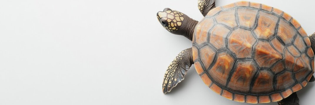 Top-down view of a turtle showcasing intricate shell patterns against a minimalist white background