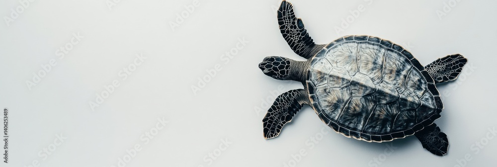 Poster Turtle with intricate shell patterns swims gracefully against a minimalist white background viewed from above